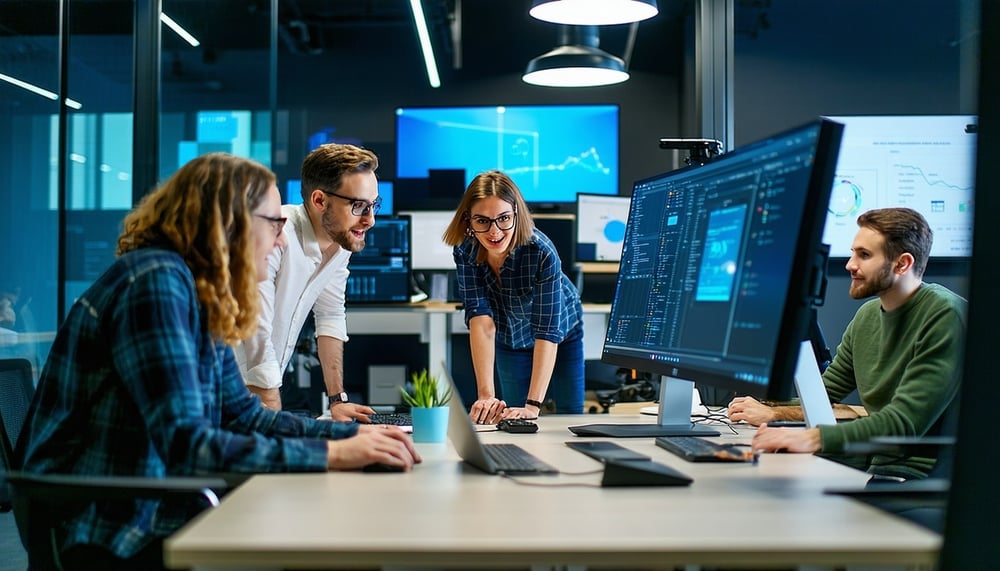 A team of professionals collaborating to develop software solutions A team of professionals collaborating to develop software solutions